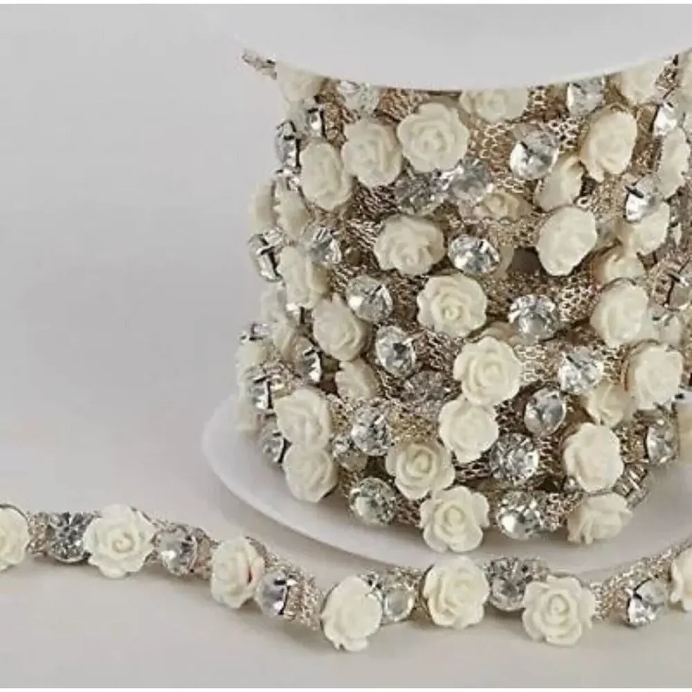 5 Yard Roll Rhinestone Chain with‎ Ivory Rose Charms 7mm Bling Wedding Dress